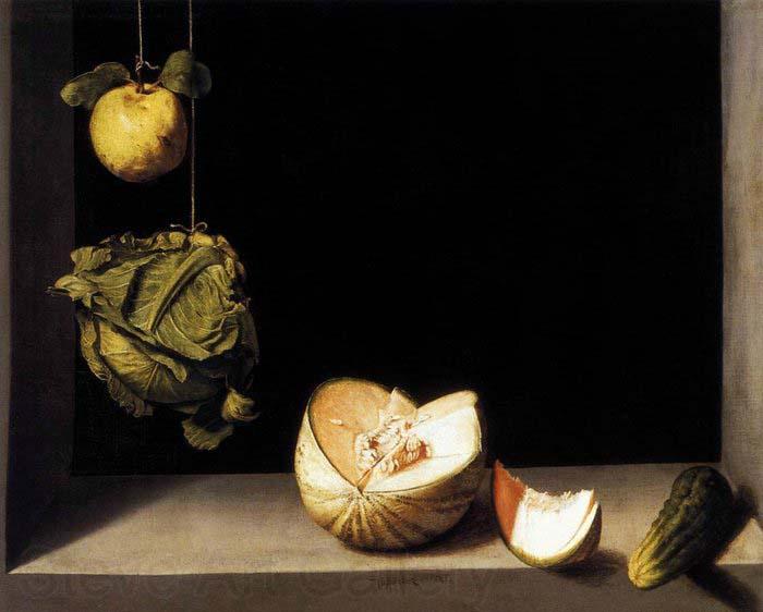 SANCHEZ COELLO, Alonso Still-life with Quince, Cabbage, Melon and Cucumber Norge oil painting art